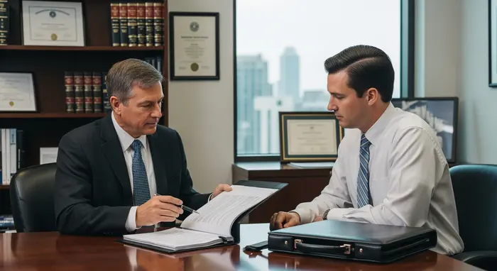 Beamter mittleren Alters bespricht Unterlagen mit Berater; Aktenmappe, seriöse Umgebung, höfliches Gespräch.