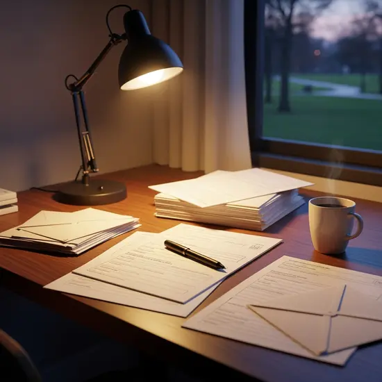 Angenehm beleuchteter Schreibtisch mit Formularen, Kugelschreiber und Briefumschlägen; ruhige Szene.