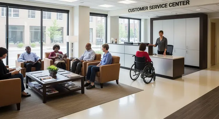 Modernes Kundenzentrum mit freundlichem Empfang, barrierefreier Zugang, wartende Personen in gemütlicher Sitzecke.