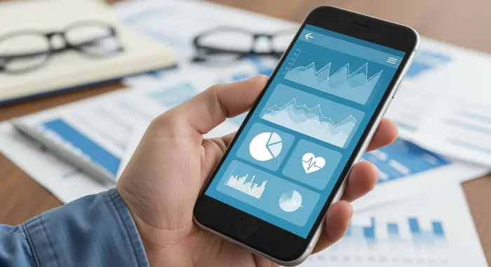 Hand mit Smartphone zeigt eine generische Gesundheits-App-Oberfläche ohne lesbaren Text; Tisch mit Unterlagen im Hintergrund.