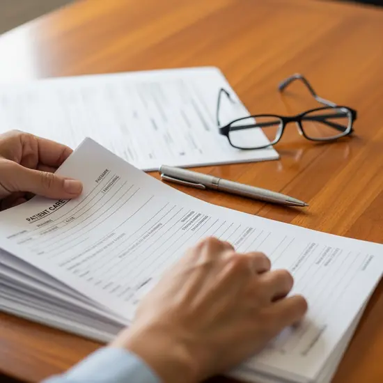 Nahaufnahme von Händen, die Pflegeunterlagen sortieren; Stift, Formular und Lesebrille auf Holztisch.