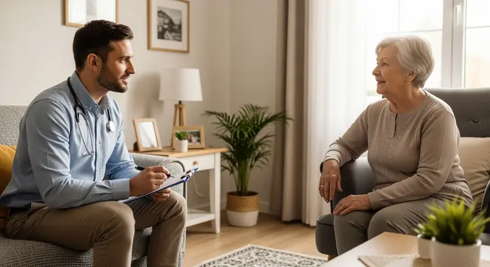 Pflegegutachter spricht mit Seniorin in ihrem Wohnzimmer; Klemmbrett, ruhige Atmosphäre, respektvolle Haltung.