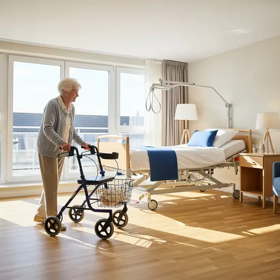 Seniorin mit Rollator in einer hellen Wohnung; im Hintergrund ein höhenverstellbares Pflegebett.