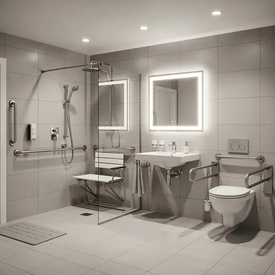 Modernes, barrierefreies Badezimmer mit bodengleicher Dusche, Haltegriffen und Duschsitz, helle Fliesen und gute Beleuchtung.