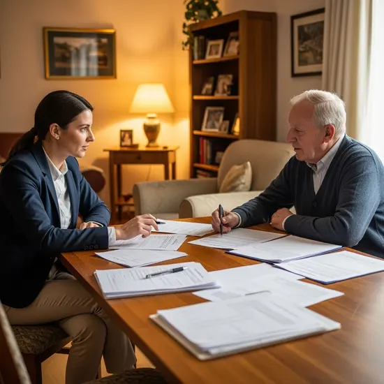 Gutachterin besucht einen Senior in dessen Wohnzimmer; beide sitzen am Tisch, Unterlagen und Stift liegen bereit.