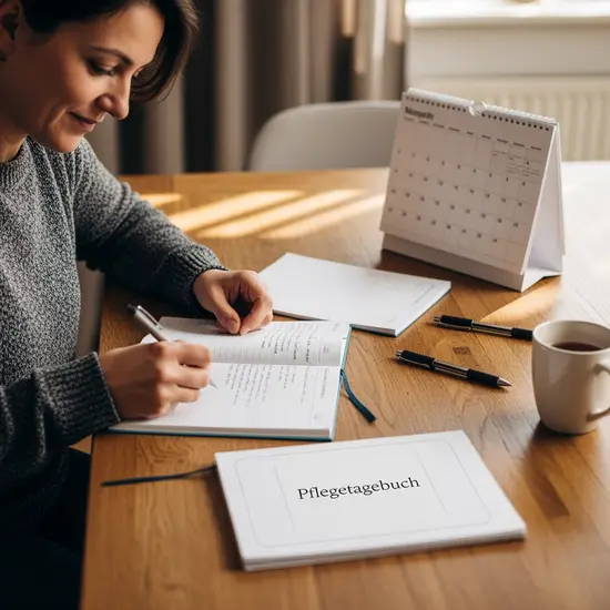 Pflegende Angehörige füllt ein Pflegetagebuch aus; ruhige Szene auf einem Holztisch mit Kalender und Notizblock.