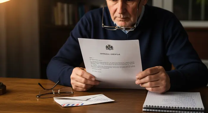 Älterer Mann liest einen offiziellen Brief am Schreibtisch; Brille, Briefumschlag und Notizblock liegen daneben.