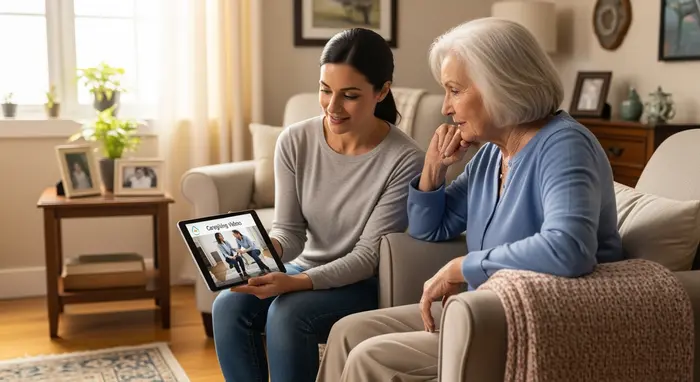Pflegende Angehörige schaut sich auf einem Tablet Pflegevideos an, sitzt neben ihrer Mutter im Wohnzimmer; beide wirken konzentriert und entspannt.