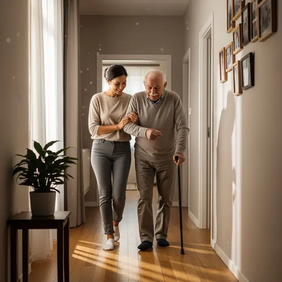 Erwachsene Tochter hilft ihrem Vater beim Gehen im Flur der Wohnung; beide wirken ruhig und vertraut.