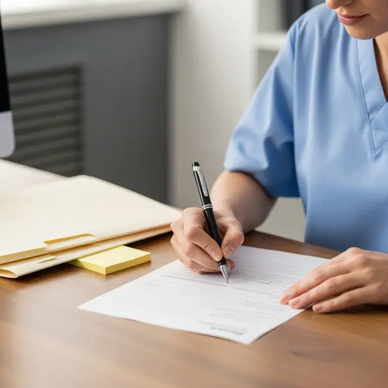 Pflegeperson füllt ein Formular mit einem Stift aus; Ordner und Notizzettel liegen daneben, keine lesbaren Texte.