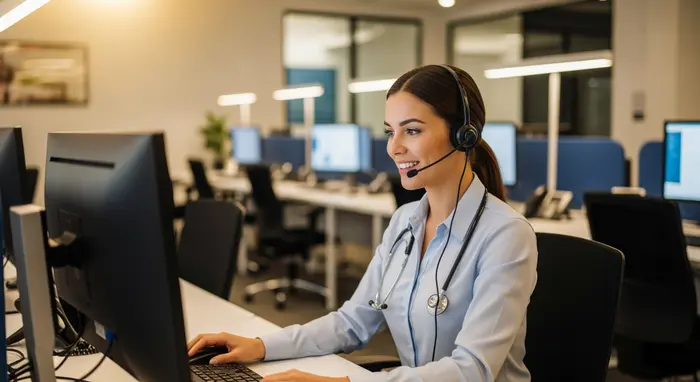Freundliche medizinische Beraterin mit Headset in einem modernen Callcenter, konzentriert am Computer, warme Beleuchtung.
