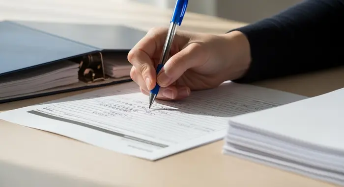 Hand füllt mit Kugelschreiber ein Formular aus; daneben liegen ein Ordner und ein Stapel unbeschrifteter Blätter.