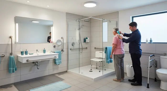 Senior erhält Unterstützung bei der Körperpflege im barrierefreien Badezimmer mit Haltegriffen und bodengleicher Dusche.