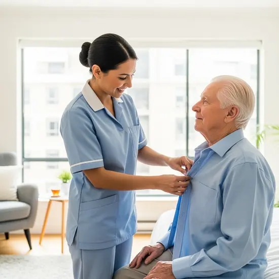 Ambulanter Pfleger in Uniform hilft einem Senior beim Anziehen, freundliche Atmosphäre in einer hellen Wohnung.