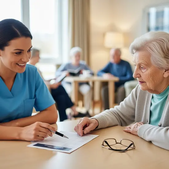 Pflegerin erklärt einer Bewohnerin die Kostenübersicht am Tisch; keine lesbaren Texte, Fokus auf Gesprächssituation.