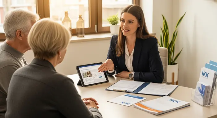 Freundliche Beraterin erklärt einem älteren Paar im modernen Büro die Pflegeleistungen der IKK; Formulare und Tablet auf hellem Schreibtisch, warme Tagesbeleuchtung.