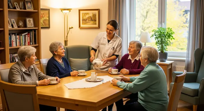 Gemütliche ambulant betreute Wohngruppe: vier Senioren sitzen am großen Esstisch, Präsenzkraft serviert Tee; warme, wohnliche Umgebung.