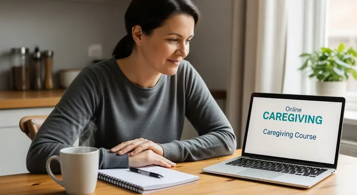 Pflegende Angehörige sitzt am Laptop am Küchentisch und folgt einem Online-Pflegekurs; Notizblock und Tasse daneben, ruhige Atmosphäre.