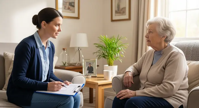 Pflegegutachter besucht Seniorin zuhause; Klemmbrett mit Bewertungsbogen, ruhiges Gespräch im Wohnzimmer, respektvolle Atmosphäre.