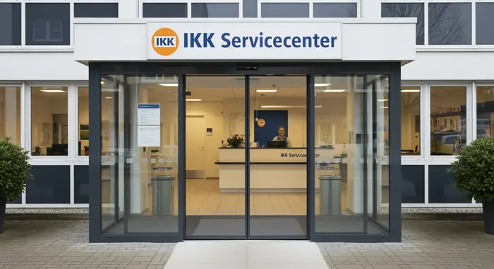 IKK-Servicecenter von außen; barrierefreier Eingang mit automatischer Tür, klare Beschilderung, freundlicher Empfangsbereich sichtbar.