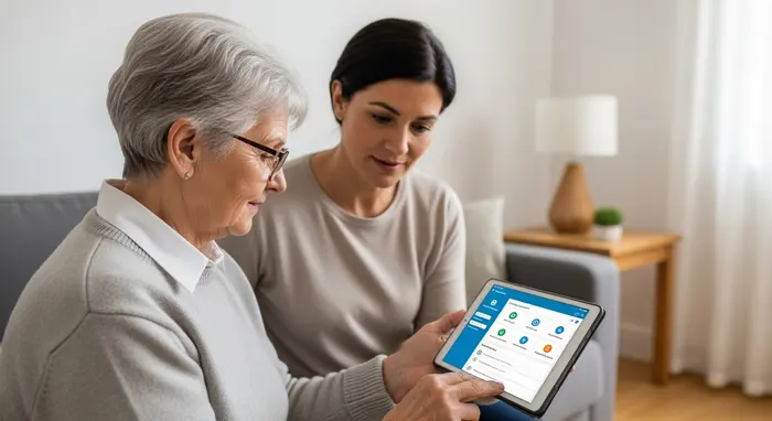 Senior betrachtet Tablet mit unterstützender Pflege-App, neben ihm Angehörige; schlichtes Wohnzimmer, klare Bedienoberfläche unscharf.