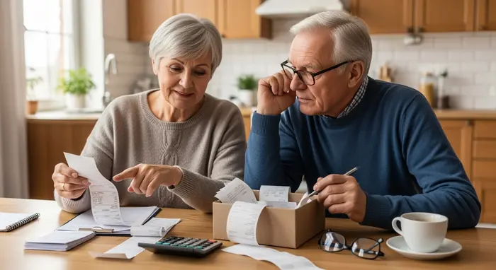 Älteres Paar ordnet Belege an einem Küchentisch; kleine Box mit Quittungen, Taschenrechner daneben – Planung der Zuzahlungen.