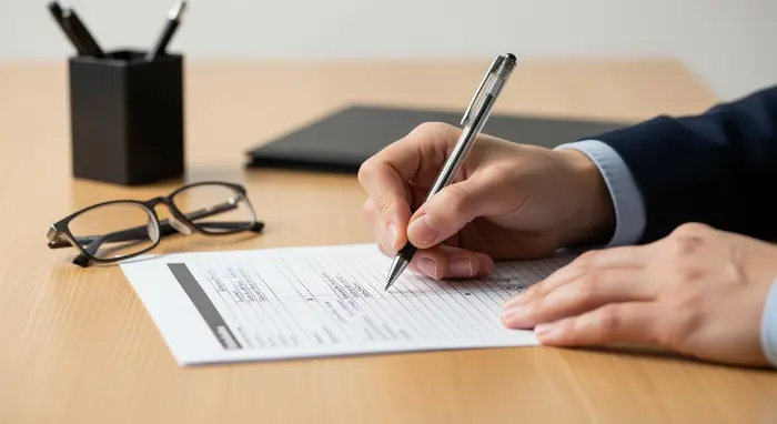 Nahaufnahme von Händen, die ein Formular mit Kugelschreiber ausfüllen; aufgeräumter Schreibtisch, Lesebrille daneben.