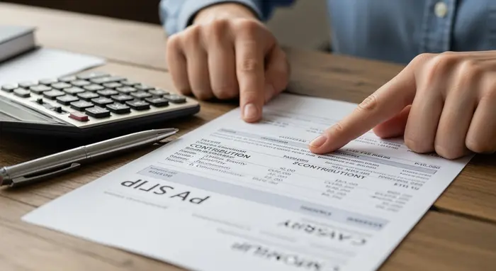 Nahaufnahme einer Gehaltsabrechnung neben Taschenrechner und Stift auf Holzschreibtisch; Hände zeigen auf Beitragszeilen.