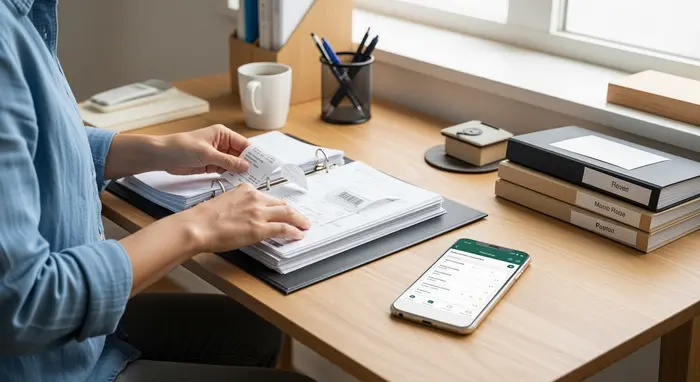 Pflegende Angehörige sortiert Belege in einem Ordner; daneben Smartphone mit geöffneter App, strukturierter Arbeitsplatz.