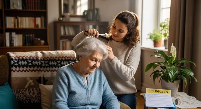 Ältere Frau wird liebevoll von ihrer Tochter beim Kämmen unterstützt; gemütliches Wohnzimmer, weiches Tageslicht – Symbol für häusliche Pflege und Pflegegeld.