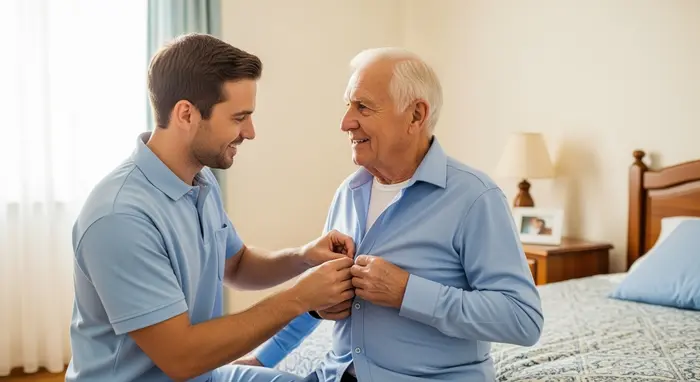 Ambulanter Pflegedienst hilft Senior beim Anziehen; Pfleger knöpft Hemd zu, ruhige Schlafzimmeratmosphäre, freundlicher Blickkontakt.