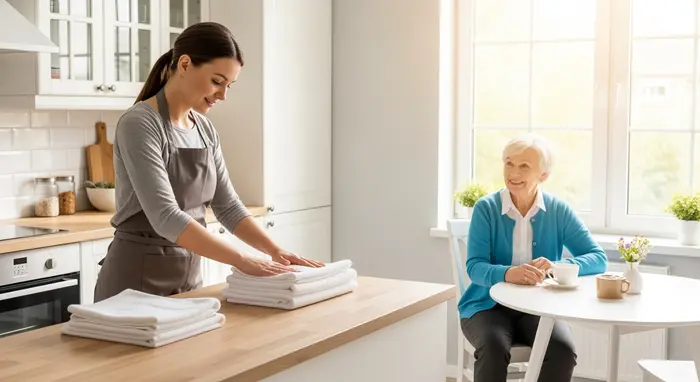Haushaltshilfe faltet frische Wäsche in heller Küche; freundliche Atmosphäre, Seniorin beobachtet zufrieden – Symbol für Entlastungsbetrag im Alltag.
