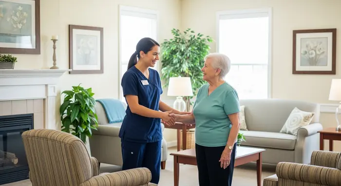 Senior wird in einer hellen Kurzzeitpflegeeinrichtung von Pflegekraft begrüßt; gemütlicher Aufenthaltsraum, freundliche Atmosphäre.