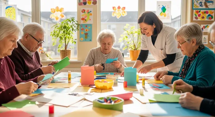 Seniorengruppe in heller Tagespflege beim gemeinsamen Basteln; Betreuungskraft unterstützt, freundliche Gemeinschaftsatmosphäre.