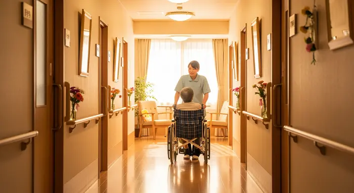 Pflegeheimflur mit warmem Licht; Pflegekraft schiebt einen Rollstuhl an privaten Zimmern vorbei, ruhige, wertige Atmosphäre.