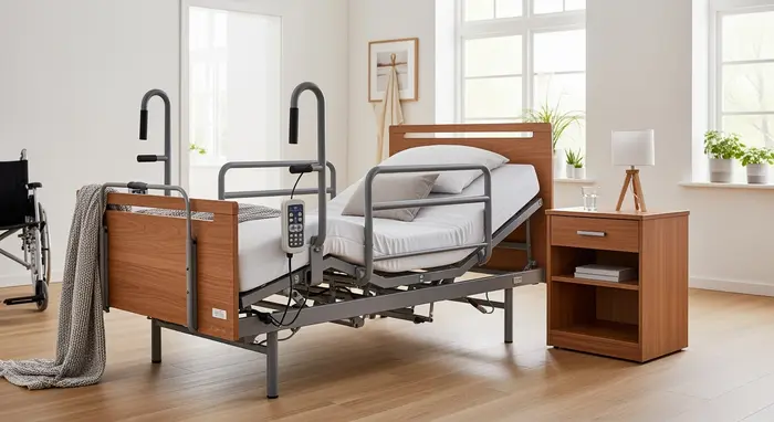 Pflegebett mit höhenverstellbarem Rahmen und Nachttisch in einem hellen Schlafzimmer; Haltegriffe sichtbar, barrierearme Einrichtung.