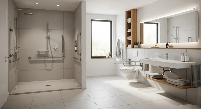 Barrierefreies Badezimmer mit ebenerdiger Dusche, Haltegriffen und rutschfesten Fliesen; hell und modern eingerichtet.