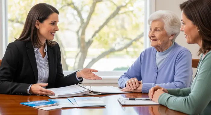 Beratungssituation: Pflegeberaterin erklärt einer Seniorin und ihrer Tochter am Tisch Leistungen der Pflegekasse, Ordner und Broschüren liegen bereit, freundliche Atmosphäre.