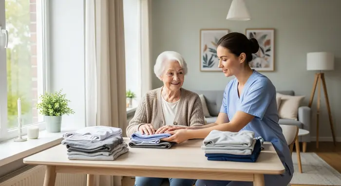 Haushaltsnahe Unterstützung: Betreuungskraft hilft Seniorin beim Wäschefalten in heller Wohnung, entspannte Stimmung.