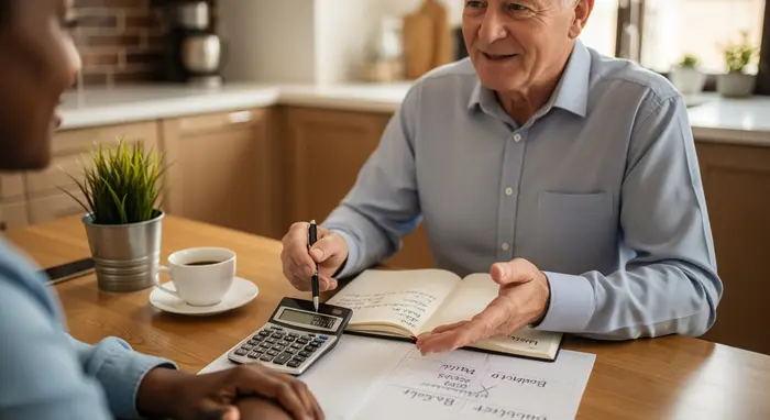 Pflegeberater erklärt am Küchentisch mit Taschenrechner Budgetaufteilung zwischen Pflegesachleistungen und Alltagshilfen.