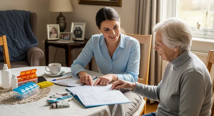 Pflegeberaterin besucht Seniorin zu Hause, prüft gemeinsam Pflegeabläufe, zeigt hilfreiche Tipps, freundliche Interaktion.