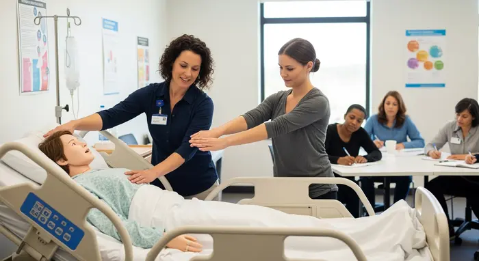 Pflegekurs-Szene: Trainer zeigt einer Angehörigen rückenschonendes Anheben an Pflegebett, freundlicher Kursraum.