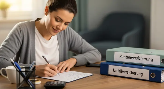 Pflegende Angehörige füllt entspannt ein Formular aus, daneben liegen Rentenversicherungs- und Unfallversicherungsordner.
