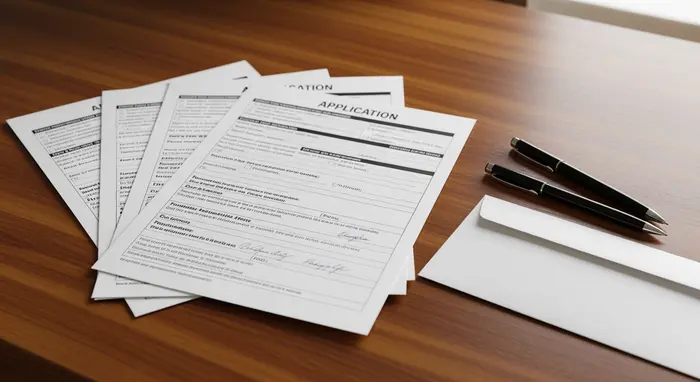 Ausgefüllte Antragsformulare liegen auf einem Tisch, daneben Kugelschreiber und Briefumschlag, bereit zum Versenden.