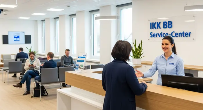 IKK BB Service-Center von innen: Empfangsschalter, wartende Kundinnen und Kunden, freundliche Mitarbeiterin begrüßt Besucher.