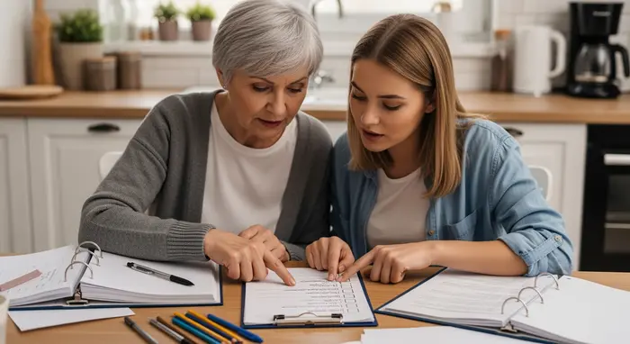Tochter und Seniorin schauen gemeinsam auf eine Checkliste am Küchentisch, Ordner und Stifte liegen bereit.