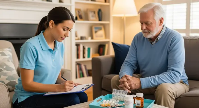 Pflegedienstmitarbeiterin dokumentiert Leistungen auf einem Klemmbrett neben einem Senior im Wohnzimmer, Tablett mit Medikamenten, gemütliche Wohnumgebung.