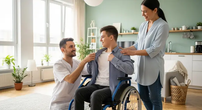Junge pflegebedürftige Person mit Mutter in einer hellen Wohnung, Pflegekraft hilft beim Anziehen, freundliche Unterstützung.