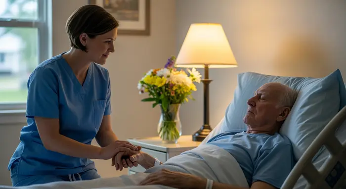 Hospizsituation: Pfleger hält beruhigend die Hand eines schwerkranken Patienten, warmes Licht, ruhiger Raum mit Blumen.