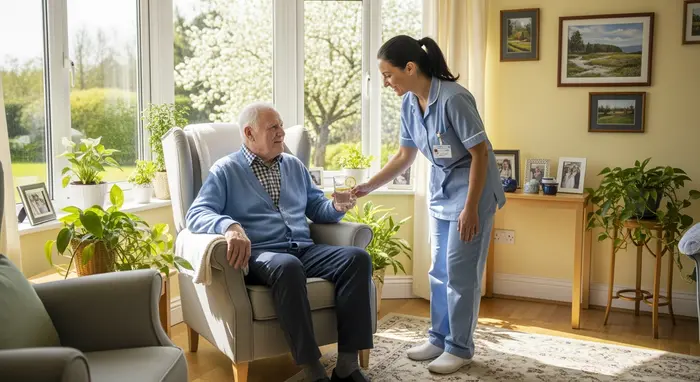 Helle Pflegeheim-Szene: Senior sitzt am Fenster, Pflegerin reicht ein Glas Wasser, freundliches Zimmer mit Pflanzen und Bildern.